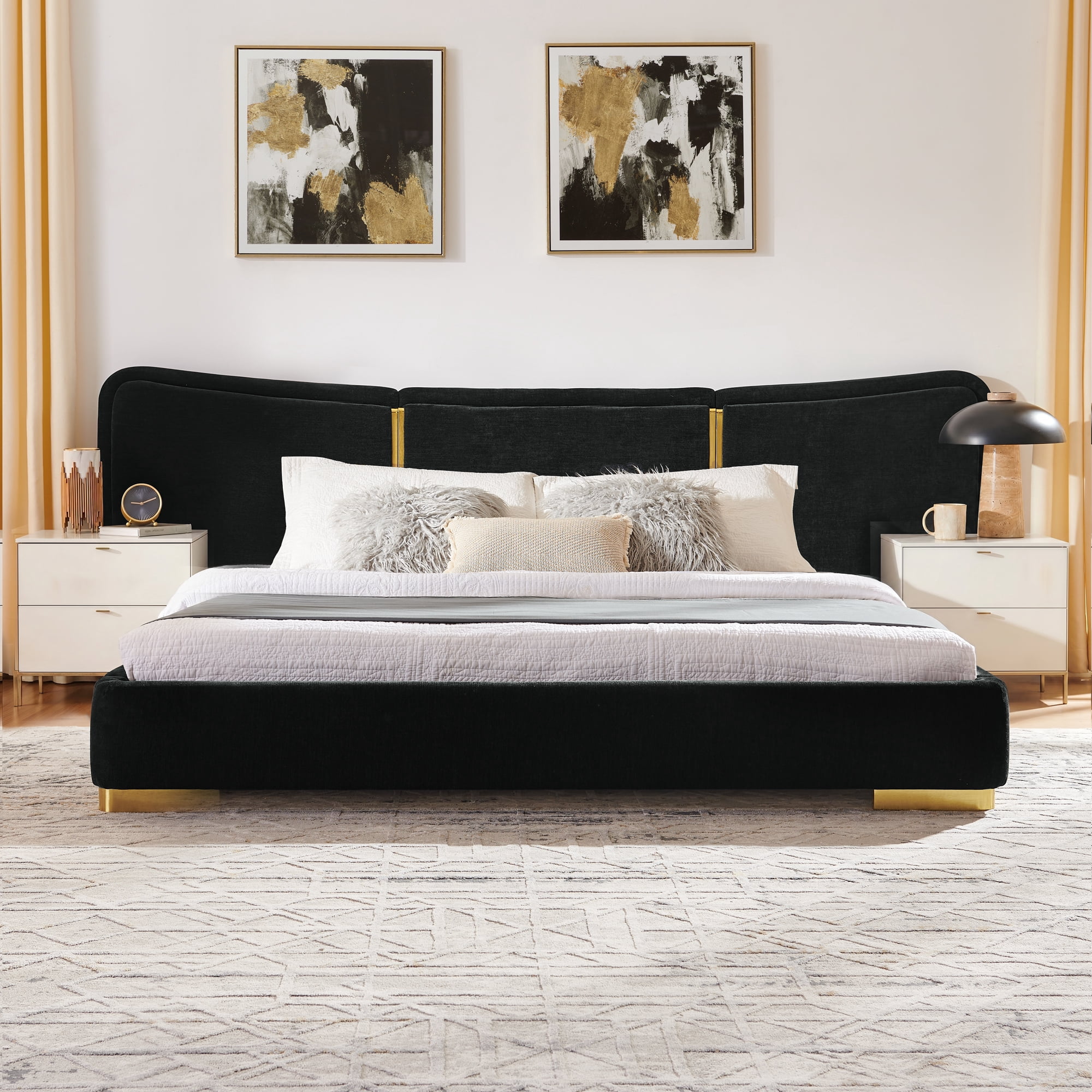 Queen Size Platform Bed with Extra Large Curved Headboard in Black
