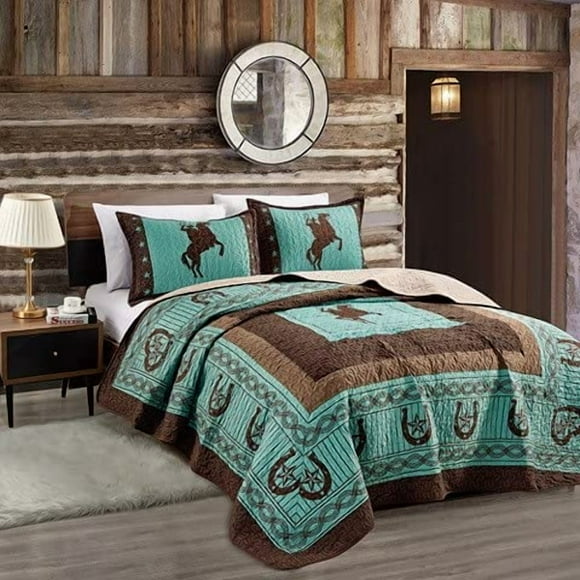 Sapphire Home Luxury 3-Piece Quilt Bedspread Set - Western Design Collection - Wild Horse Country/Horseshoe/Star/Cowboy/Southwestern Blue/Tayler Design w/Pillow Sham - King Size, Turquoise Brown