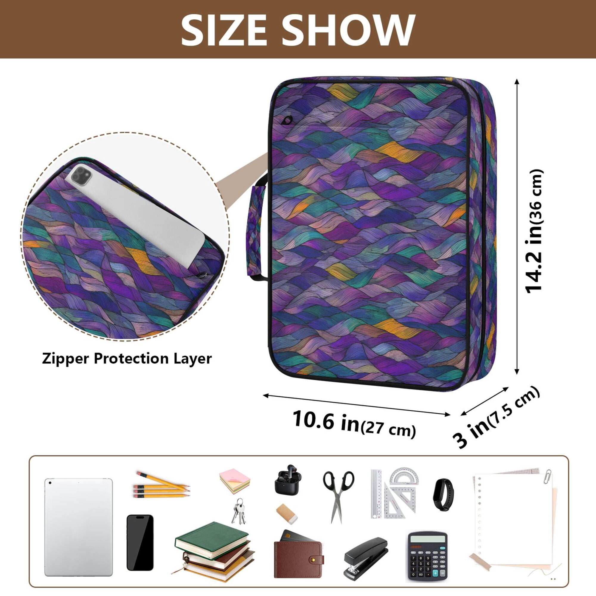FORMRS Accordion File Folder A4 Size 7-Pocket Expanding Document Organizer Bag with 3 Ring Binder, Purple Waves Pattern