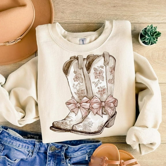 Coastal Cowgirl Sweatshirt, Ecru Beige Western Bow Shirt, Chinoiserie Floral Boots Crewneck, Grandmillennial Preppy Gift