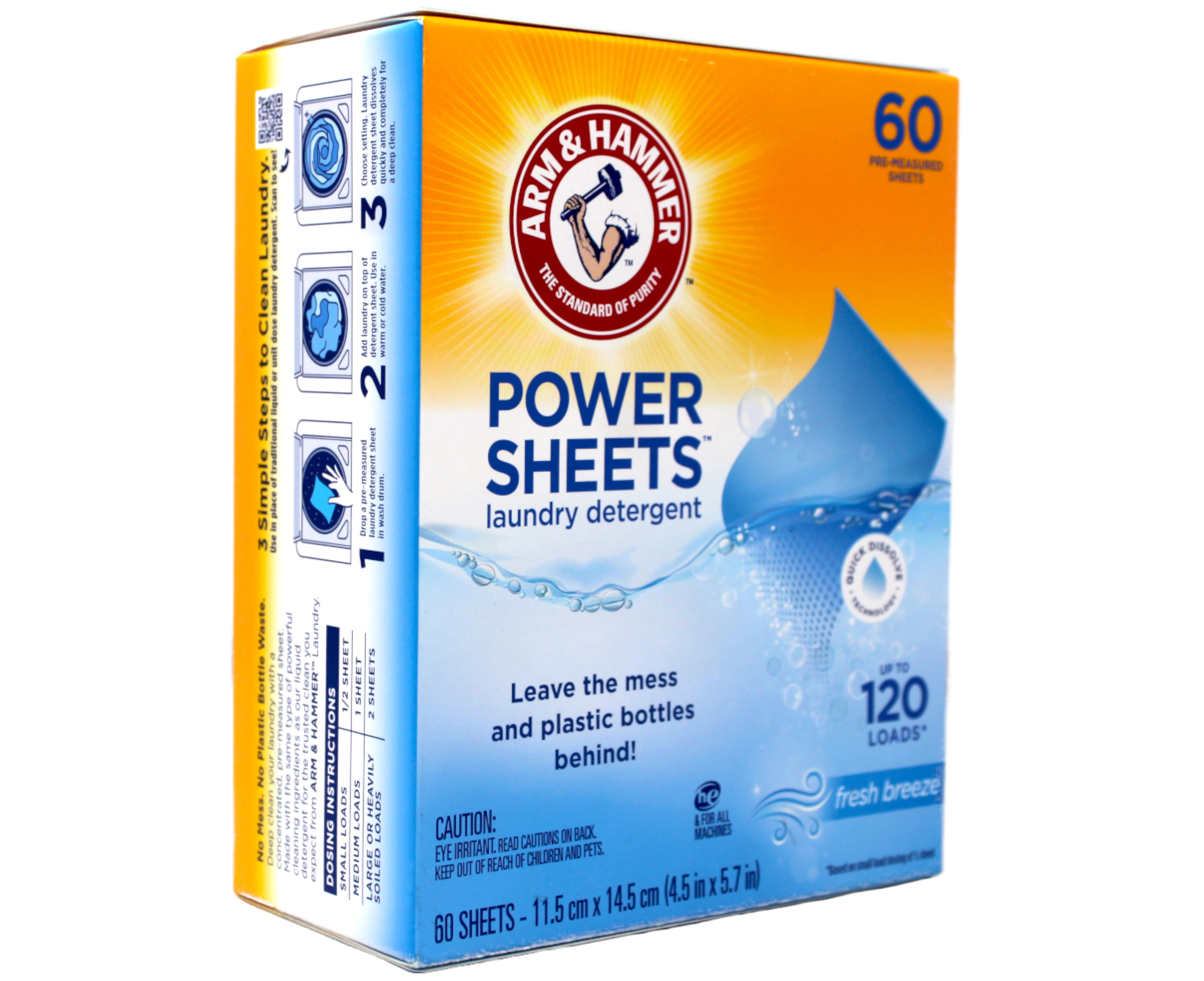 3 Pack - ARM & HAMMER Power Sheets Laundry Detergent, Fresh Breeze 60 ct, up to 120 small loads