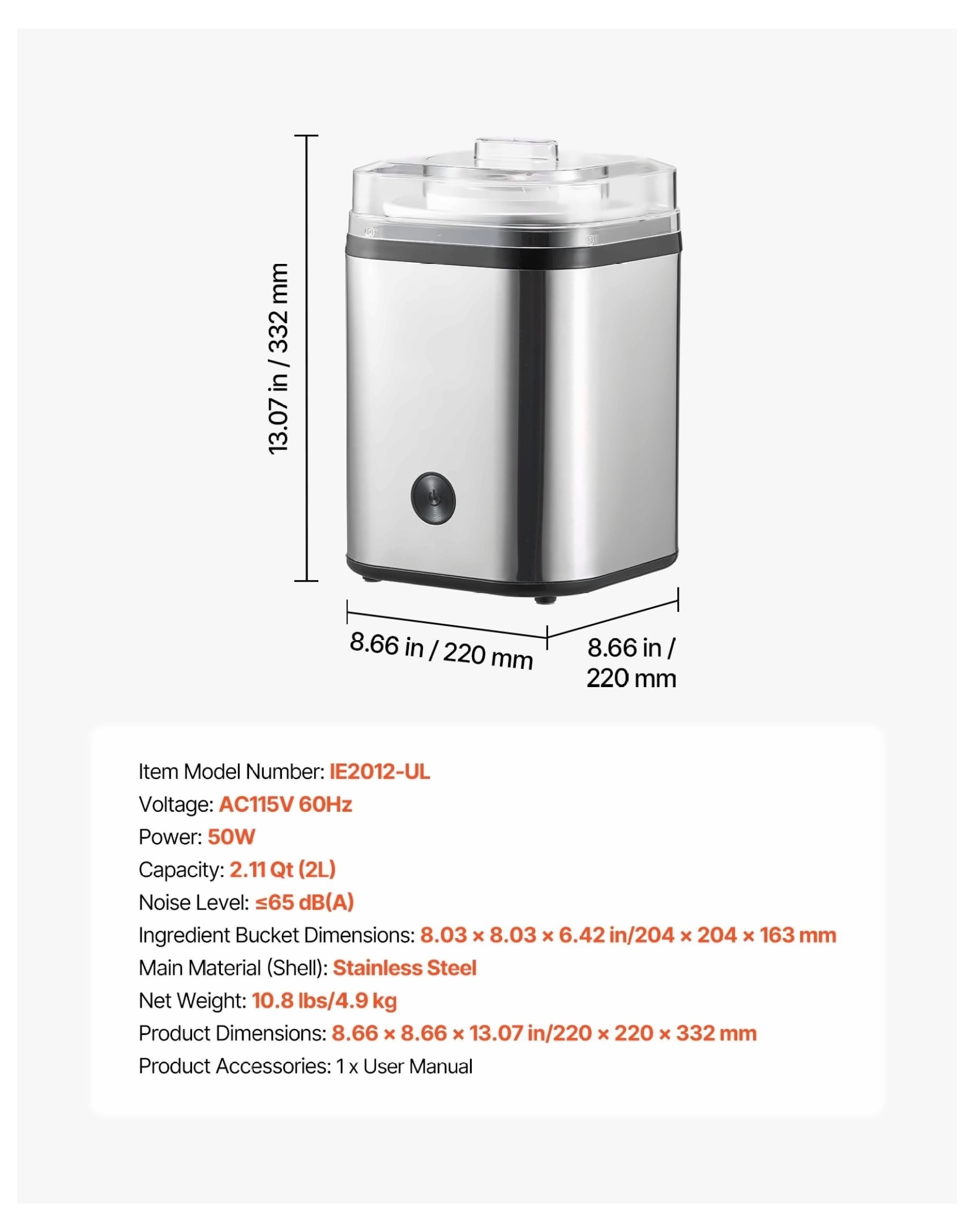 Ice Cream Maker 2.11 Qt, Electric Frozen Dessert Machine, Stainless Steel Shell, Automatic Ice Cream, Yogurt, Sorbet & Gelato Maker, Easy Clean, Silver