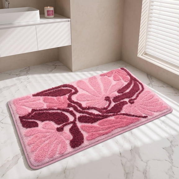 Cute Bath Mat Pink Bathroom Rug, Floral Non Slip Absorbent Polyester Fiber Floor Mat for Bathroom Kitchen Bedroom Home Decoration