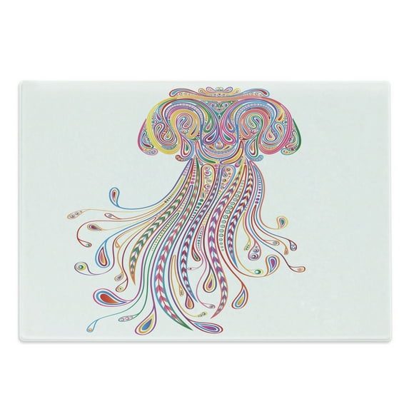 Jellyfish Cutting Board, Doodle Style Colorful Single Organism with Various Ornaments Abstract Details, Decorative Tempered Glass Cutting and Serving Board, in 3 Sizes, by Ambesonne