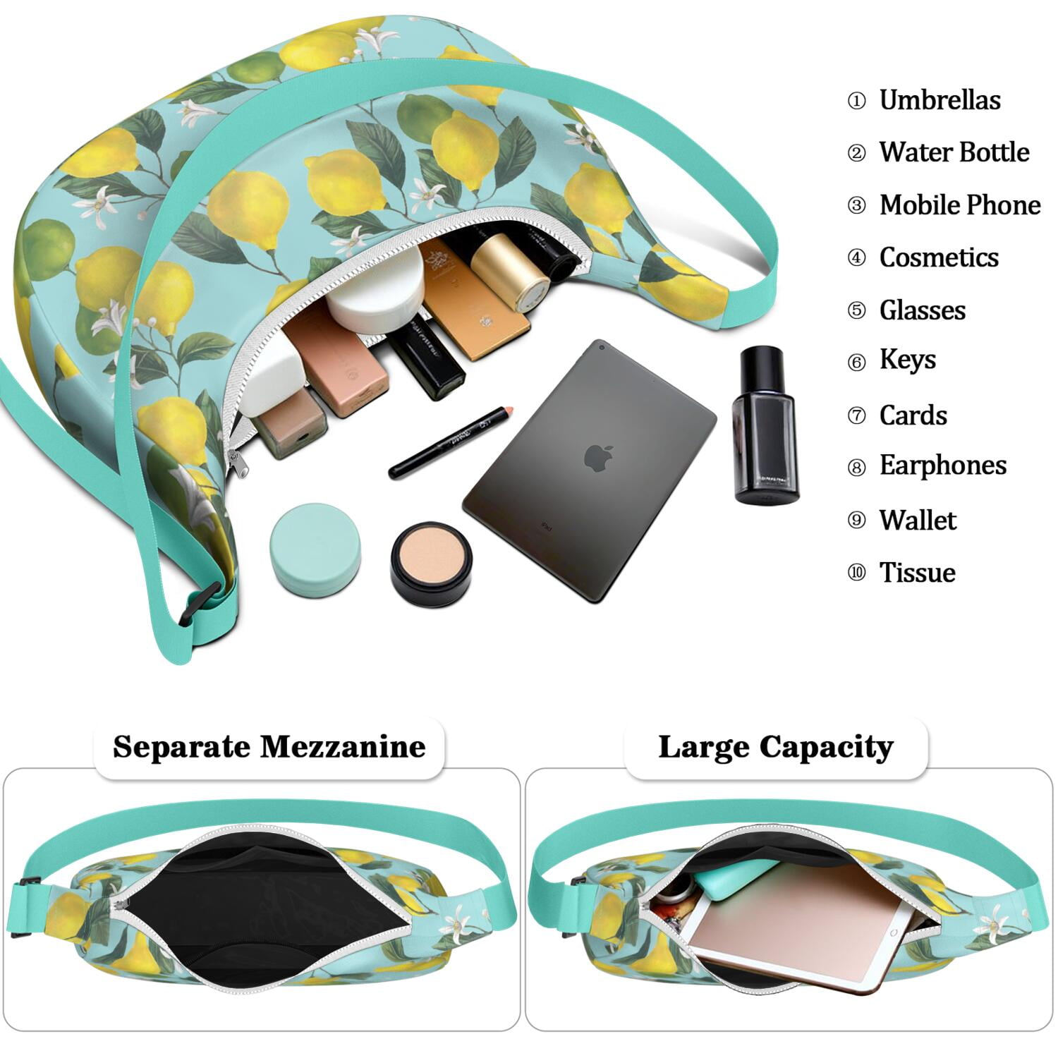 Summer Lemon Pattern Nylon Hobo Bag for Women, Bright Yellow Lightweight Shoulder Purse, Retro Crossbody Tote Handbag, Water-Resistant and Durable for Travel