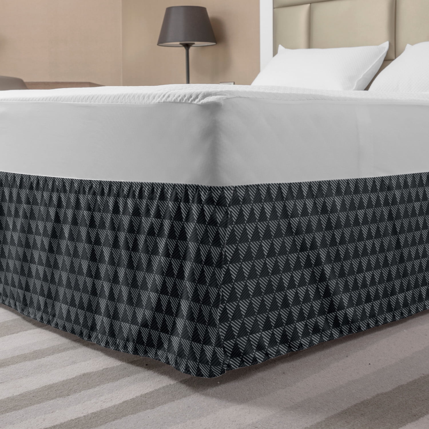 Dark Grey Bed Skirt, Monotone Geometric Shapes Pattern with Diagonally