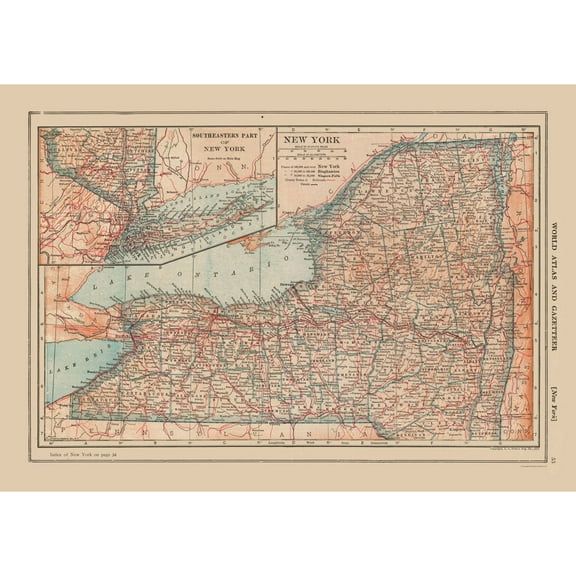 Historic State Map - New York - Reynold 1921 - 32.53 x 23 - Vintage Wall Art