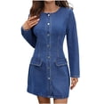 thumbnail image 1 of Vestido Largo de Manga Larga para las Mujeres Color Sólido Botón de Cuello Redondo Vestido de Vaquero de Moda Casual Vestido de Vaquero de Manga Larga para las Mujeres, 1 of 9