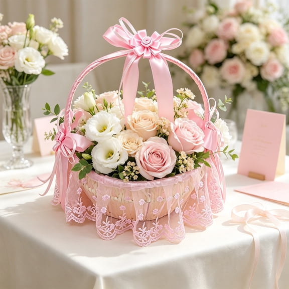 Flower Girl Basket with Lace Bow, Elegant Satin Wedding Petal Basket for Ceremony Party, Multi-Functional Storage & Fruit Basket for Festivals Celebrations