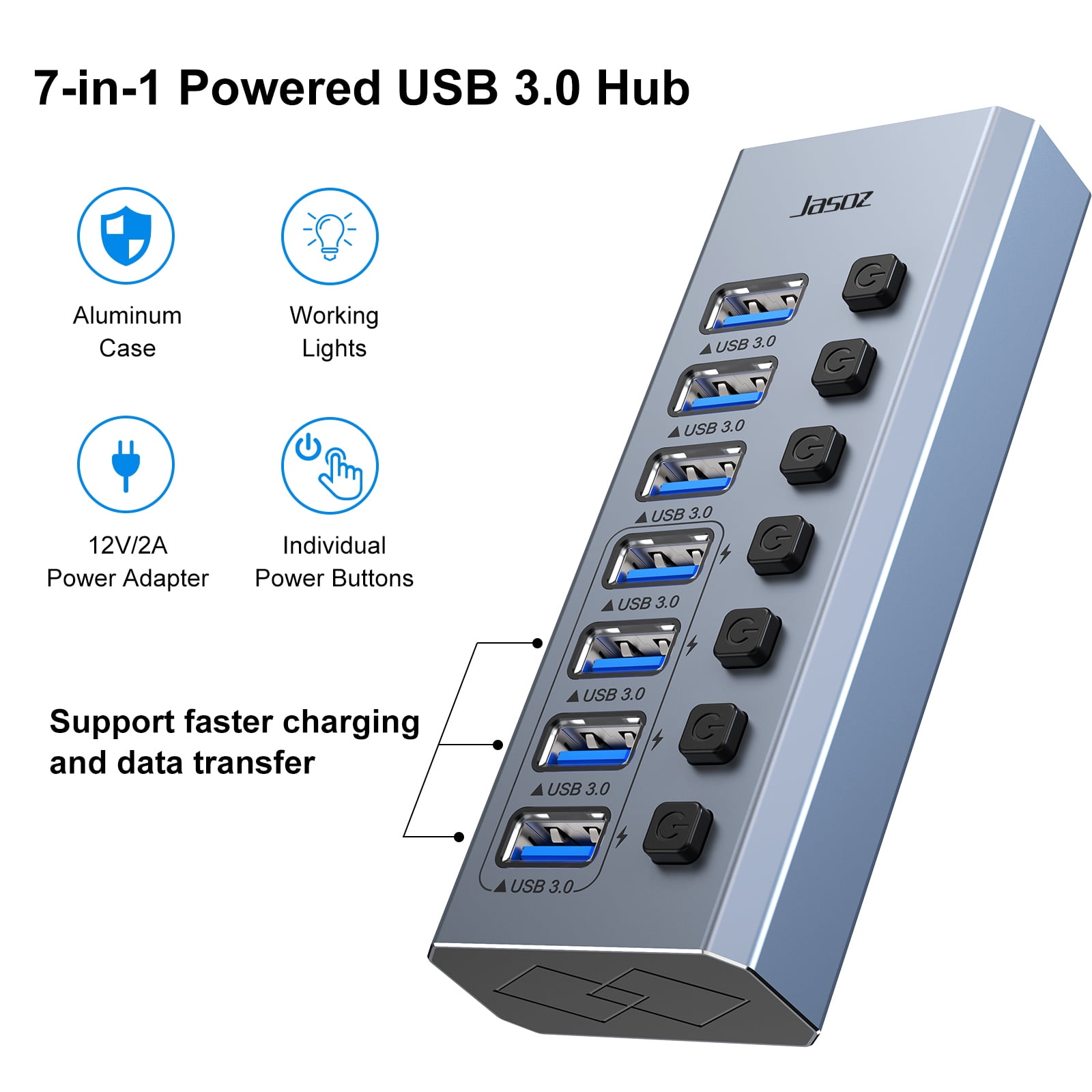 Powered USB Hub 3.0 with ac Adapter -7 USB 3.0 Data Transfer Ports, 4 Charging Ports with Individual On/Off Switches, Power Adapter Included