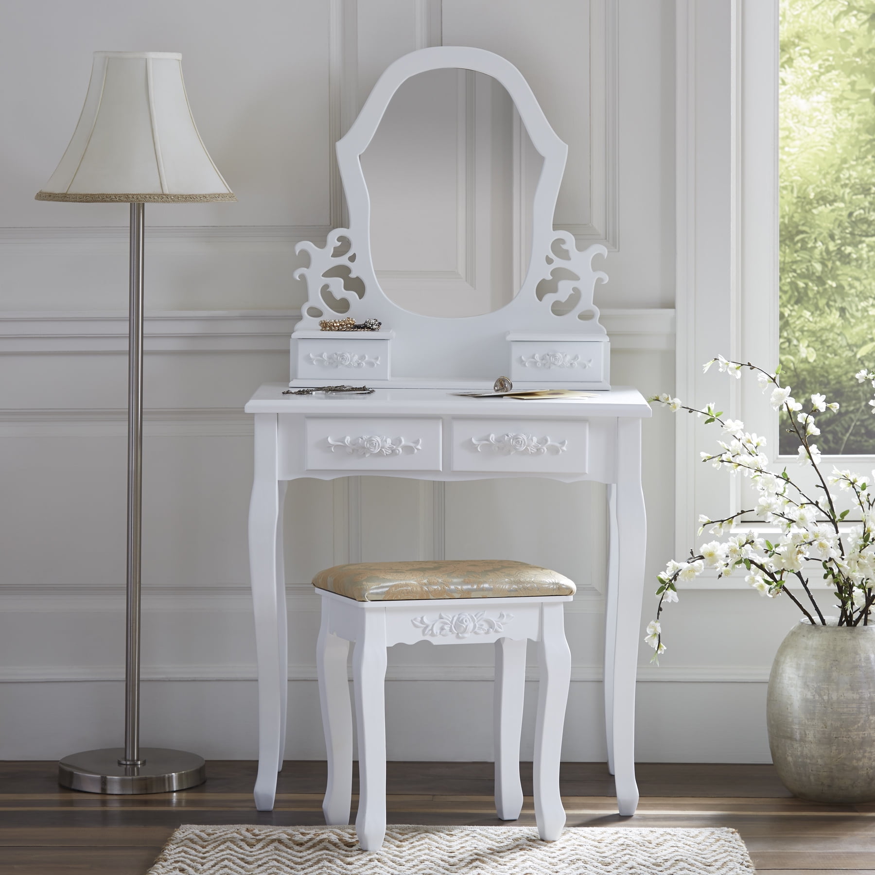 Fineboard Antique Vanity Table In Wood Dressing Set With Stool 2 Organization Drawer And 1 Mirror White Com