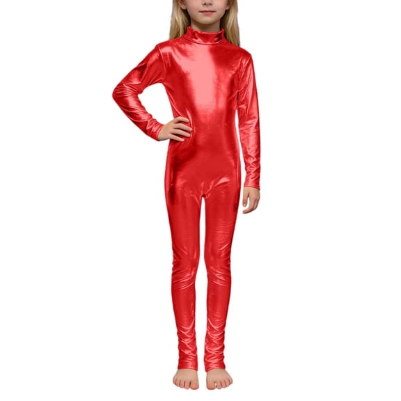 Ticikt Girls Metallic High Neck Long Sleeve Performance Romper with Glitter Gold and Back Zipper for Dance Stage Wear,Color:Red,Size:7-9 Years