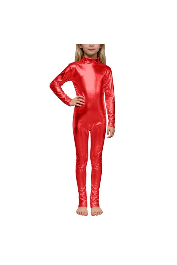 Girls Shiny Metallic Neck Unitard Long Sleeve One Piece Zip Up Bodysuit Dance