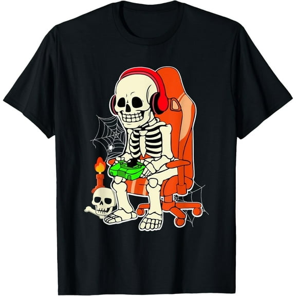 Gamer Halloween Skeleton Gaming Hallow Eve Boys Teen T-Shirt