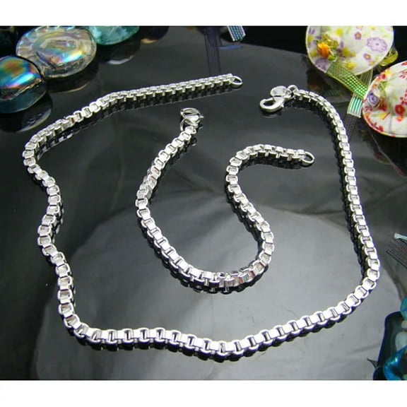 QQTDFG 925Sterling Silver Jewelry 4mm 20" Box Chains Men's Necklace Bracelet Set SY026-default