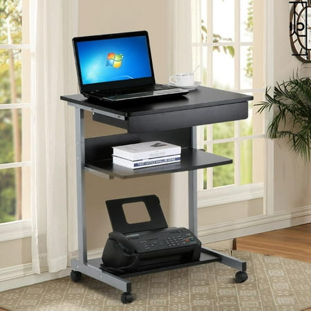 Black Wood Small Laptop Computer Cart Desk With Drawers And