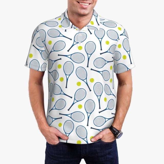 Balery Tennis Rackets And Balls Camisa Polo de Hombre con Estampado, de Manga Corta y Tejido Medio, Camisa Tipo Golf Polo-Small