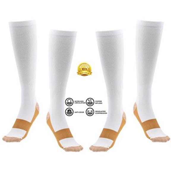 Copper Infused Compression Socks 2 Pair White Knee High for Women & Men Anti Order Nursing Compression Socks FREE Eyeglass Pouch by Juniper's Secret (White, Small/M)