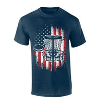 Mens Disc Golf Tshirt Distressed Vertical Disc Golf American Flag  Short Sleeve T-shirt-Heather Navy-xxxl