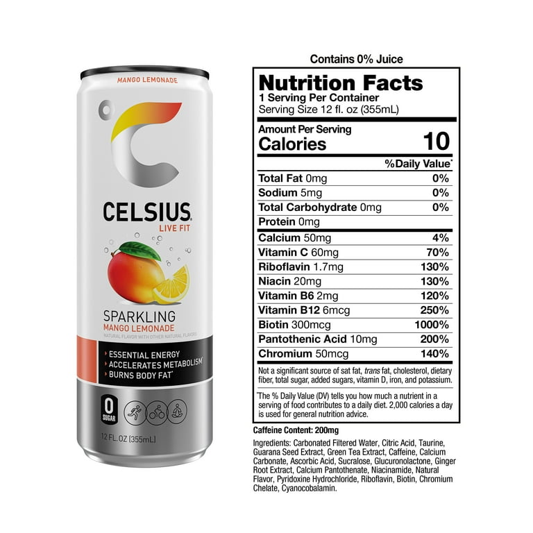 Celsius Sparkling Mango Lemonade Energy Drink, 12 fl oz, 12 Pack photo 4