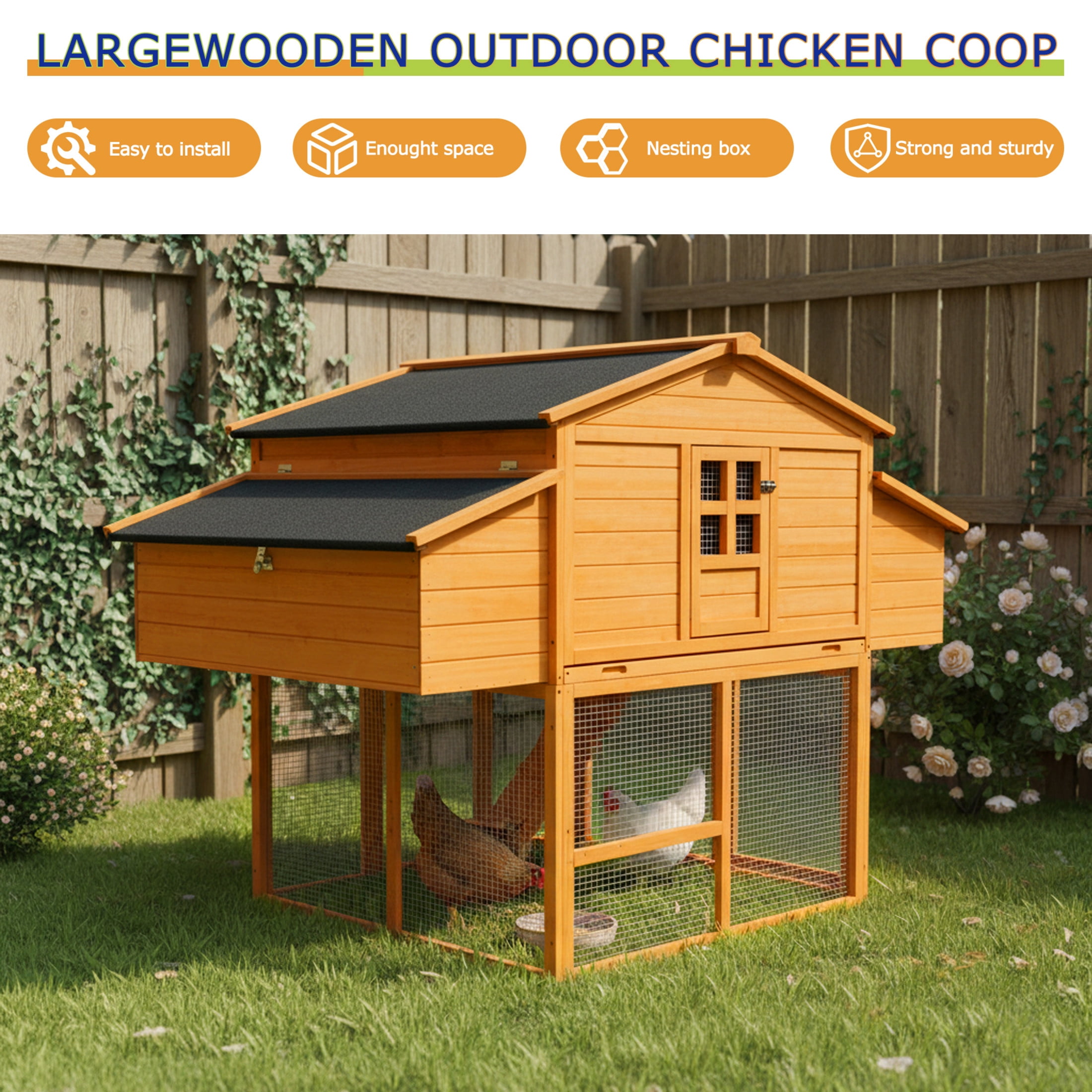 Noble House 70" Chicken House, Outdoor Poultry Coop with Leakproof Nesting Boxes and UV-Resistant Roof Panel, Natural