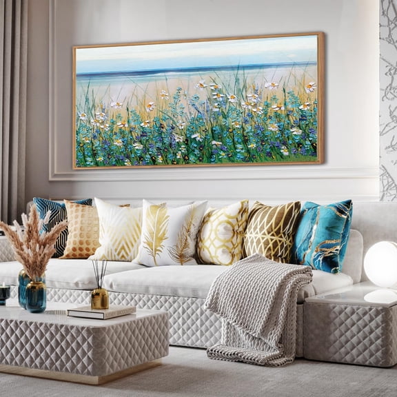 Large Blue Seaside Cyan Floral Wall Painting Wildflower Blossom Art Framed Artwork For Living Room Bedroom 20X40 Inch
