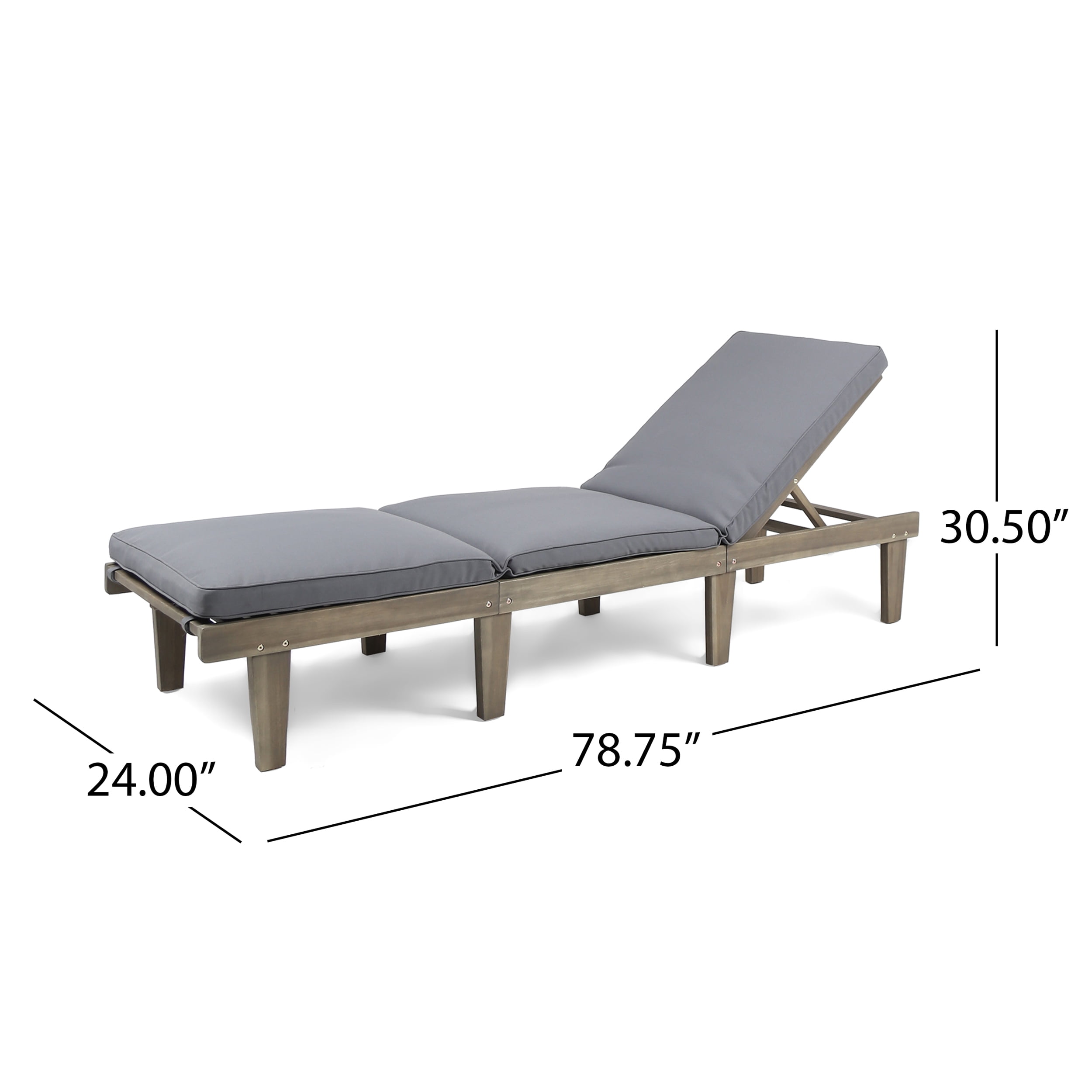 Outdoor Cushioned Wood Frame Chaise Lounge, Comfort Poolside Recliner for Patio Garden, Grey