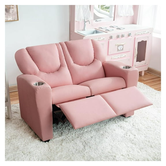 Suri Kids Push Back Loveseat Recliner with Cup Holders, Adjustable Footrest & Headrest, Two-Seat Recliner Sofa for Boys, Girls of 3  Age - , PVC