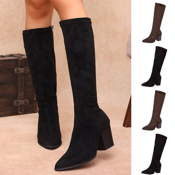 Womens Knee High Boots Closed Pointed Toe Chunky Heel Tall Boots Side Zipper Fall Dress Boot Shoes Brown 9(42)