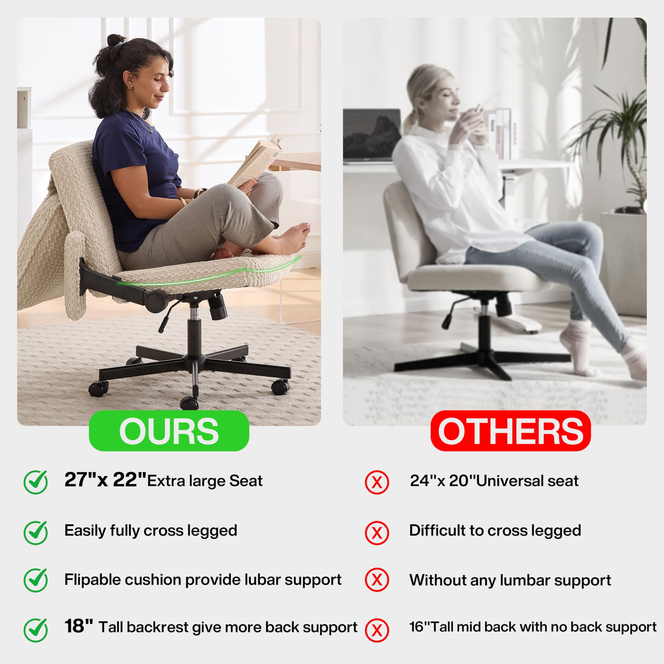 Nexthro Criss Cross Chair,Cross Legged Chair with Wheels and Arms,27" Wide Seat Office Desk Chair with Flipable Back Cushion,Mid Back Beige Swivel Chair for Home Office,Bedroom Vanity(Beige)
