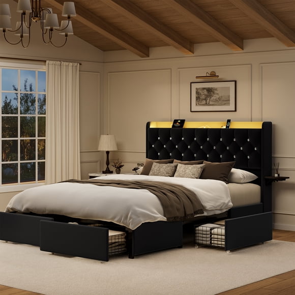 GUNAITO Full Size Bed Frame with 4 Storage Drawers, Velvet Upholstered LED Bed with LED and USB Ports, Modern Wingback Headboard Bed with Bedside Storage Board, Black