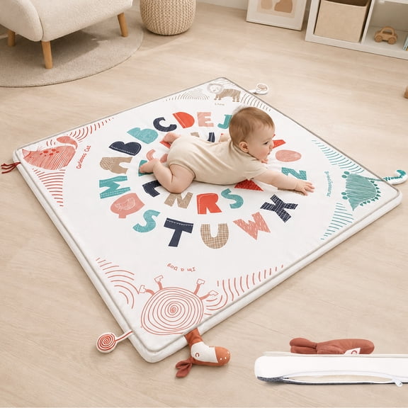 Blublu Park Baby Play Mat for Floor, 47 x 47 Memory Foam Playpen Mat with Sensory Toys