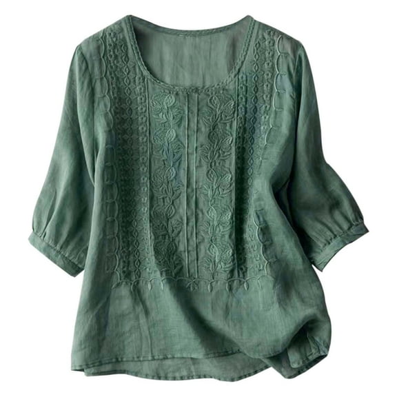 Women's Casual Embroidered Loose Vintage Linen Short Sleeve Pullover T Shirt Dry Tee Shirts Women Women's Long Sleeve T Shirts Women's Loose Fit Tees Women V Neck Workout T Shirts Short Sleeve for