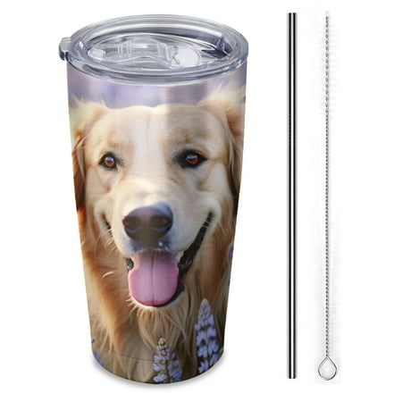 

Smiling golden retriever dog in blue violet flower field Insulated 20 oz Stainless Steel Travel Tumbler Reusable Straw & Brush Hot & Cold Drinkware for Car Office Outdoor