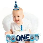 Big Dot of Happiness Shark Zone 1st Birthday - First Birthday Boy Smash Cake Decorating Kit - High Chair Decorations