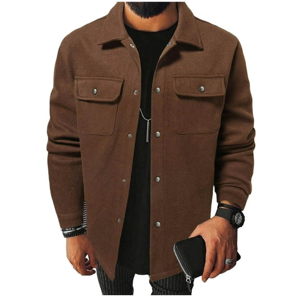 aohooy Men's Shacket Long Sleeve - Flannel Plaid Button Down Casual Woolen Shirt Jacket with Flap Pocket Coffee,XL