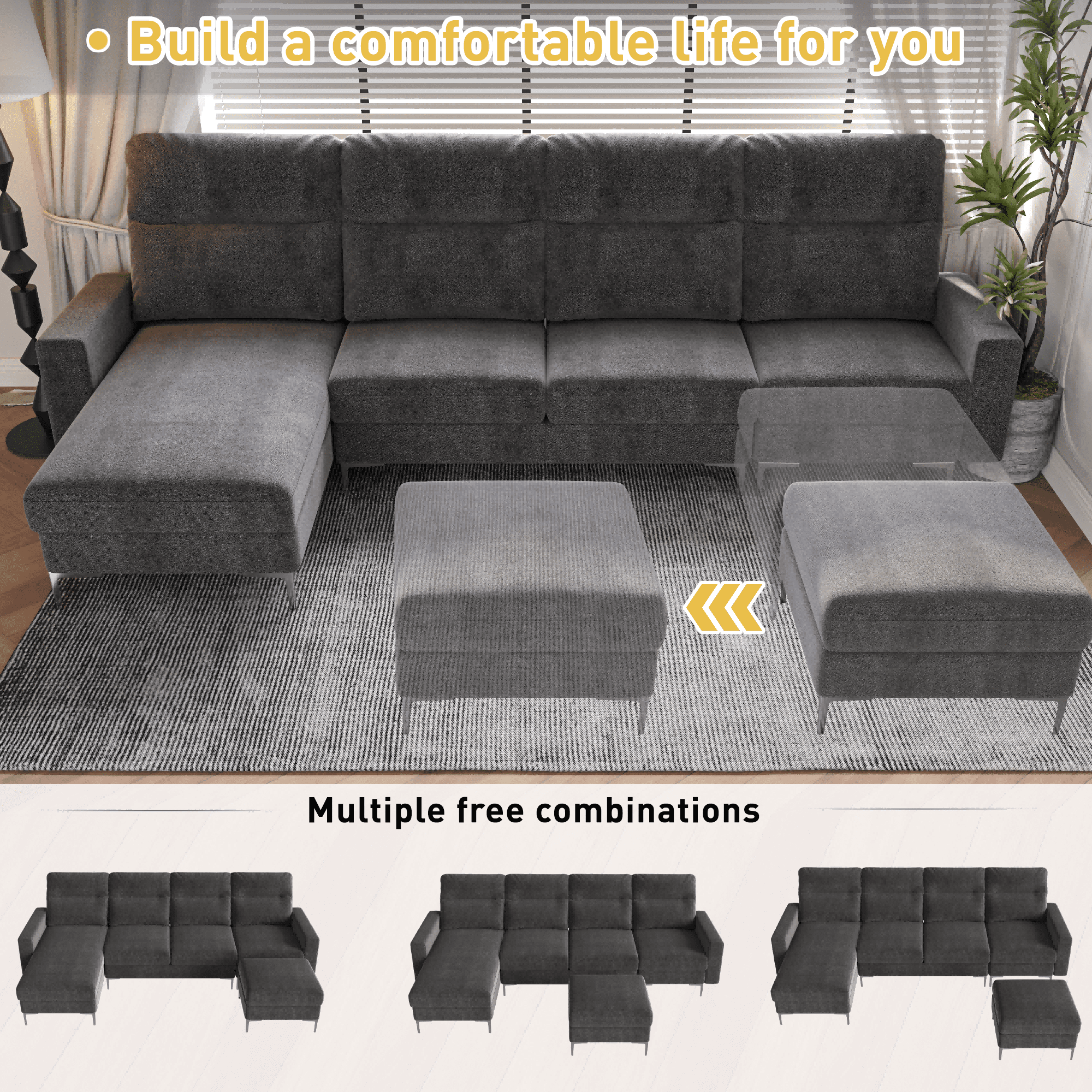 Homall U-Shaped Sofa with Upholstered Stool Convertible Combination Sofa Linen Upholstered Sofa with Metal Upholstered Legs Living Room Furniture,Grey