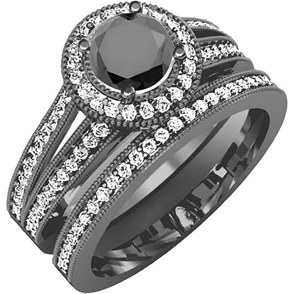 beryl_creation 1.30 Ct Round Cut Black Diamond Wedding Engagement Bridal Ring Set 14K Black Gold Plated 925 Sterling Silver For Women's -7