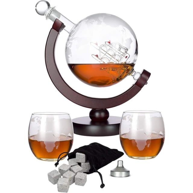 Juego de Decantador de Whisky, Juego de Decantador de Vino Globo con 2 Vasos, Piedras de Whisky Escalofriantes, Dispensador de Bebidas Alcohólicas y Set de Regalo para Licor, Whisky, Bourbon