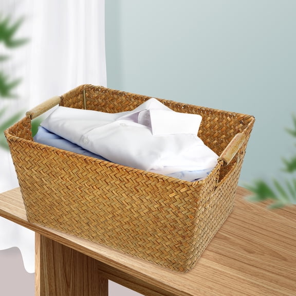 SOPOTUTU Large Handwoven Natural Seagrass Wicker Basket, Rectangular Storage Organizer for Bedroom, Study Room, and Home Decor