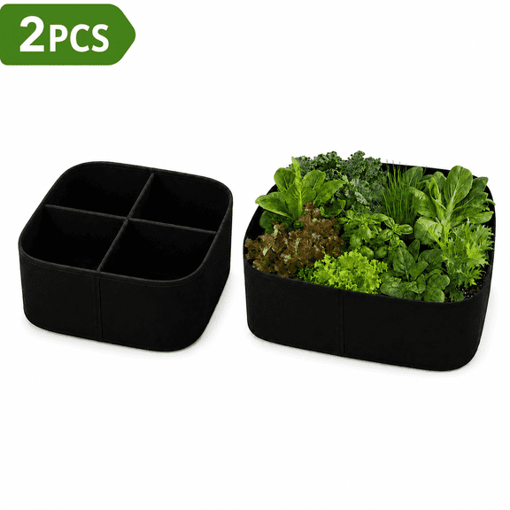 2 Pack 4 Grid Raised Garden Bed Felt Planter, 23.6 x 23.6 x 11.8 Inch Black Grow Bag with Divider, Thickened Non Woven Fabric Planting Bags for Vegetables, Herbs, Flowers, Outdoor Patio Garden