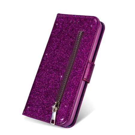 Samsung Galaxy S10 Case, Dteck Bling Glitter PU Leather Zipper Wallet Case Cover With Hand Strap,Purple