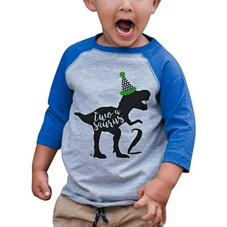 

7 ate 9 Apparel Kid s Two Dinosaur Birthday Blue Raglan Tee