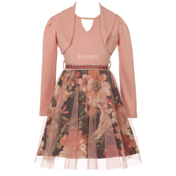 Little Girls 2 Pieces Set Floral Bolero Jacket Holiday Party Flower Girl Dress Rose 4 (2J1K47S)
