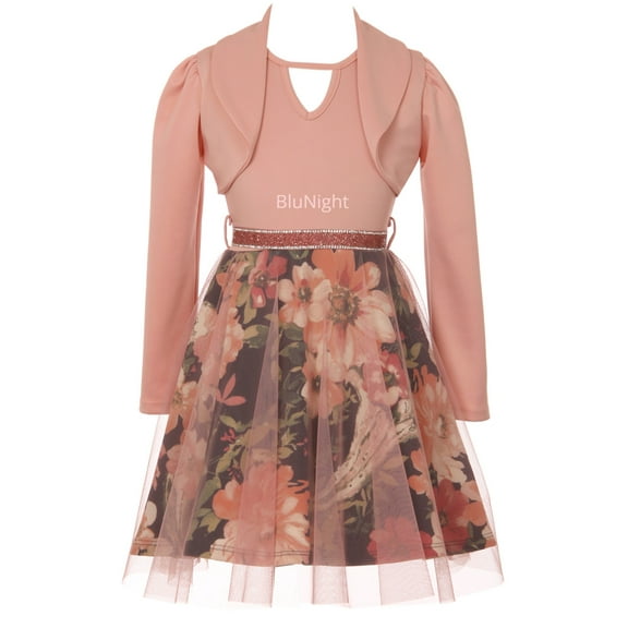 Little Girls 2 Pieces Set Floral Bolero Jacket Holiday Party Flower Girl Dress Rose 4 (2J1K47S)