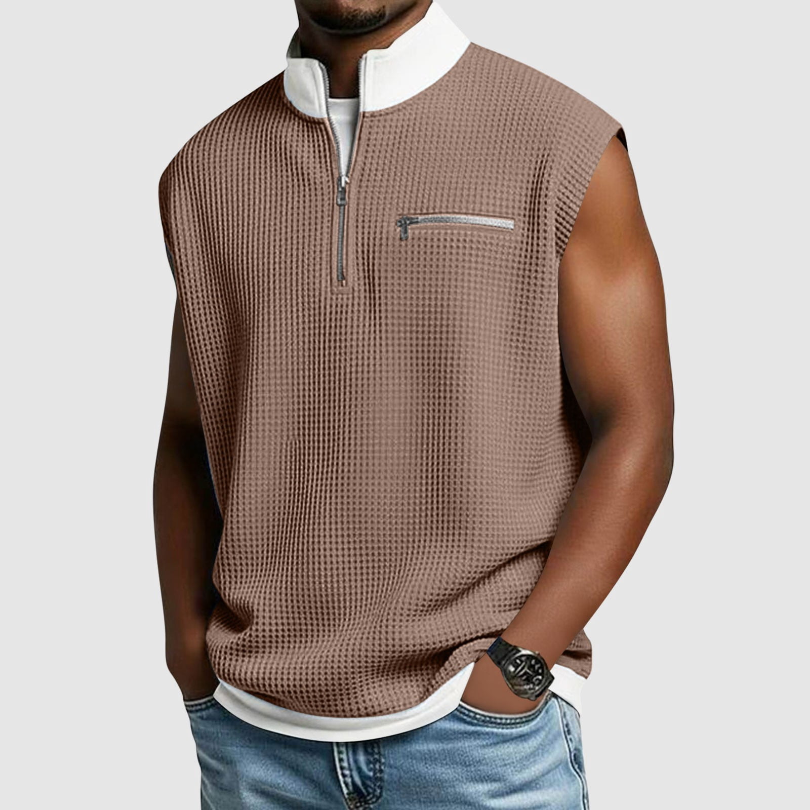 Brnmxoke Waffle Pattern Shirt Men Summer Casual Quarter Zip