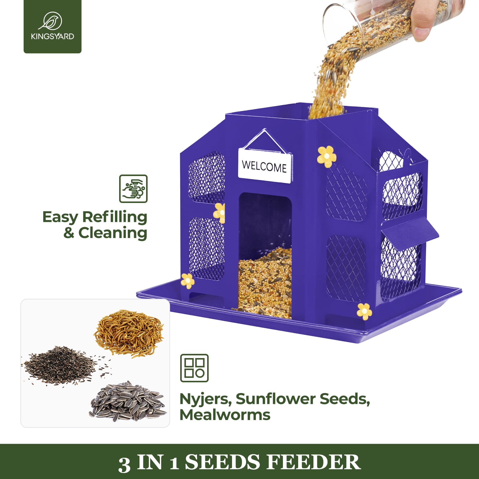 Kingsyard Metal Wild Bird Feeder House for Outdoor Hanging with Triple Feeders, Weatherproof, Purple