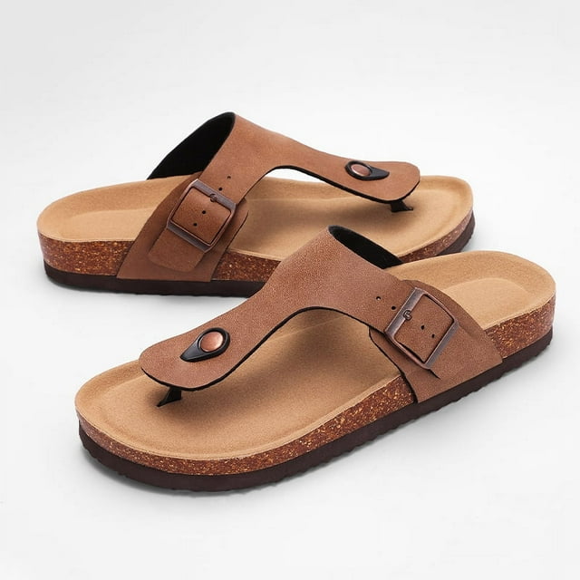 Comwarm 2024 Sandales Plates en Liège pour Femmes Sandales de Plage à Semelle en Liège en Cuir pour Femmes à Bout Ouvert Pantoufles de Plage avec Boucle Ajustable tzw