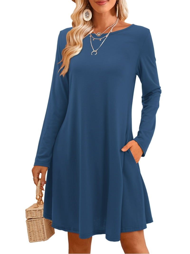 Fancyglim Women's T-Shirt Dress Casual Flowy Cute Swing Long Sleeve Mini Dress Navy M