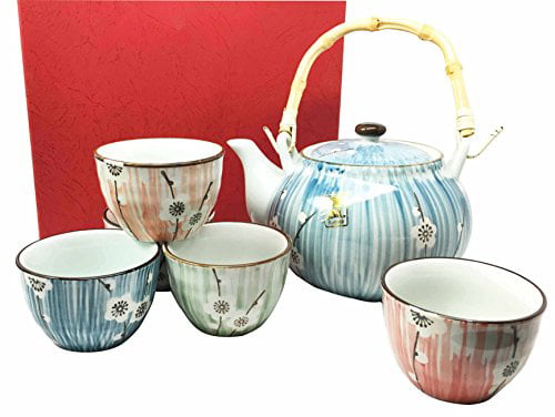 LIONWEI LIONWELI Japanese Classic White Ceramic Tea Set with Flower Pattern,Teapot & 4 Teacups. 